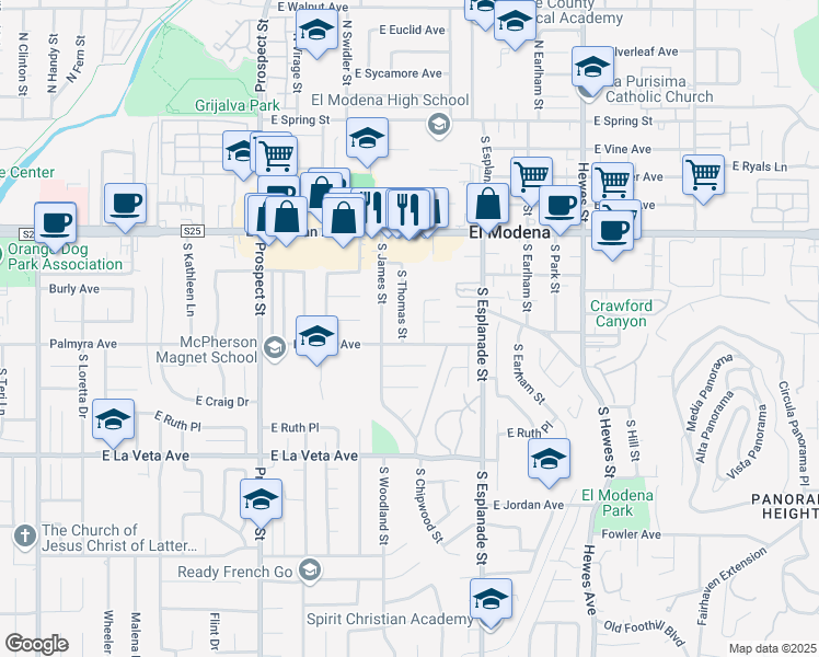 map of restaurants, bars, coffee shops, grocery stores, and more near 269 South Thomas Street in Orange