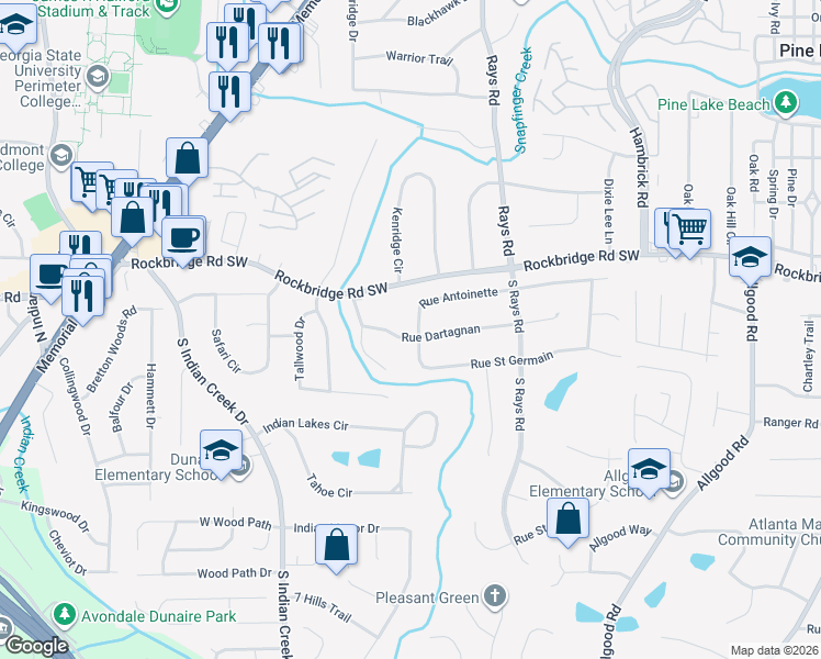 map of restaurants, bars, coffee shops, grocery stores, and more near 4068 Rue Antoinette in Stone Mountain