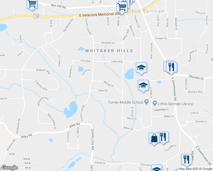 map of restaurants, bars, coffee shops, grocery stores, and more near 3826 Wesley Drive in Lithia Springs