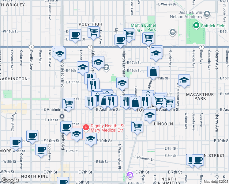 map of restaurants, bars, coffee shops, grocery stores, and more near 1451 Myrtle Avenue in Long Beach