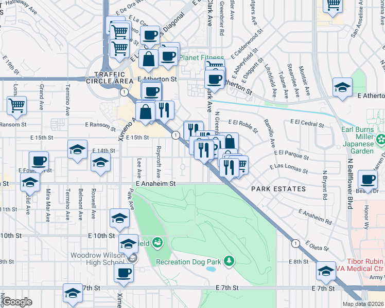 map of restaurants, bars, coffee shops, grocery stores, and more near 1408 Argonne Avenue in Long Beach
