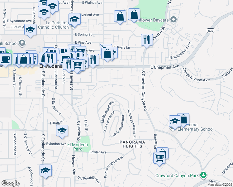 map of restaurants, bars, coffee shops, grocery stores, and more near 12344 Circula Panorama Place in North Tustin