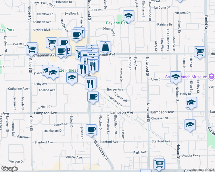 map of restaurants, bars, coffee shops, grocery stores, and more near 12266 Madras Place in Garden Grove