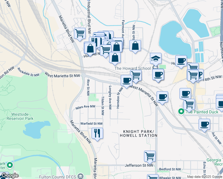 map of restaurants, bars, coffee shops, grocery stores, and more near 1087 Longley Avenue Northwest in Atlanta