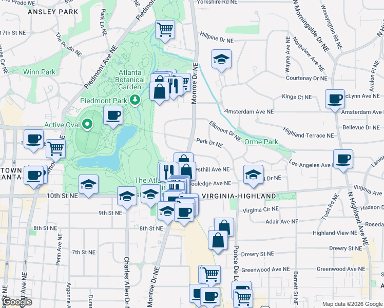 map of restaurants, bars, coffee shops, grocery stores, and more near 1095 Monroe Drive Northeast in Atlanta