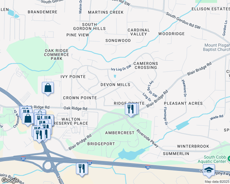map of restaurants, bars, coffee shops, grocery stores, and more near 7100 Ling Court in Austell