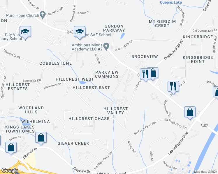 map of restaurants, bars, coffee shops, grocery stores, and more near 6810 Mableton Parkway Southeast in Mableton