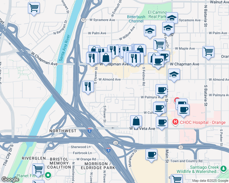 map of restaurants, bars, coffee shops, grocery stores, and more near 321 South Poinsettia Drive in Orange