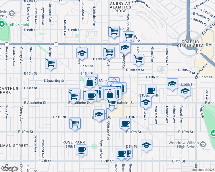 map of restaurants, bars, coffee shops, grocery stores, and more near 1403 Obispo Avenue in Long Beach