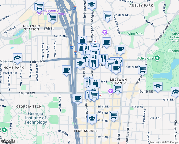 map of restaurants, bars, coffee shops, grocery stores, and more near 1080 West Peachtree Street Northwest in Atlanta