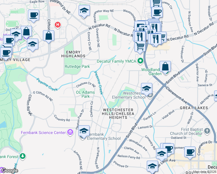map of restaurants, bars, coffee shops, grocery stores, and more near 337 Durand Falls Drive in Decatur