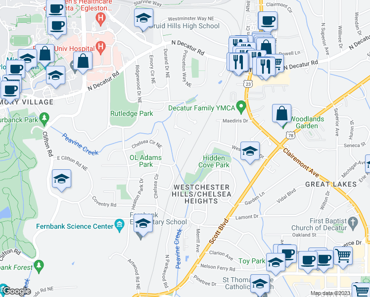 map of restaurants, bars, coffee shops, grocery stores, and more near 337 Durand Falls Drive in Decatur