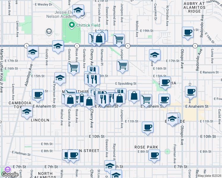 map of restaurants, bars, coffee shops, grocery stores, and more near 2 East 14th Street in Long Beach