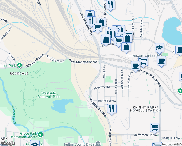 map of restaurants, bars, coffee shops, grocery stores, and more near 1270 West Marietta Street Northwest in Atlanta