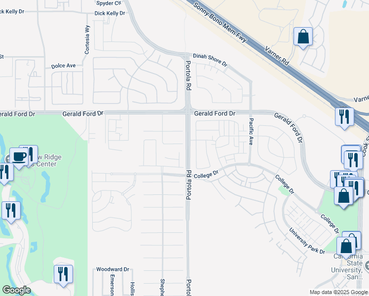 map of restaurants, bars, coffee shops, grocery stores, and more near 74147 Windflower Court in Palm Desert