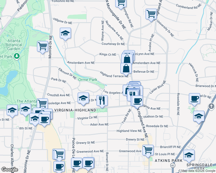 map of restaurants, bars, coffee shops, grocery stores, and more near 879 Glen Arden Way Northeast in Atlanta