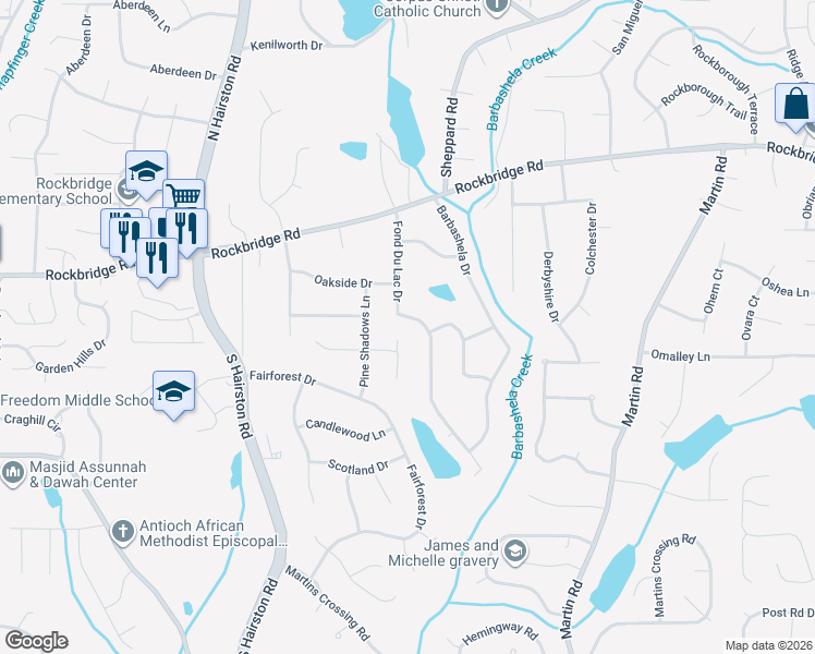 map of restaurants, bars, coffee shops, grocery stores, and more near 433 Fond Du Lac Drive in Stone Mountain
