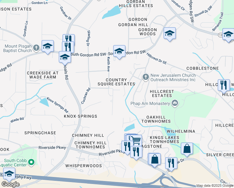 map of restaurants, bars, coffee shops, grocery stores, and more near 6917 Richard Lane in Austell