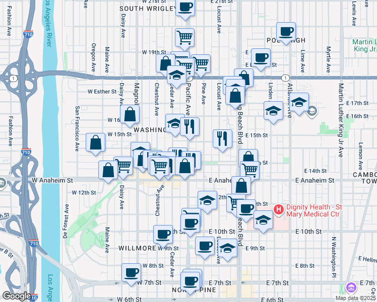 map of restaurants, bars, coffee shops, grocery stores, and more near 1440 North Pacific Avenue in Long Beach