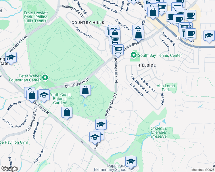 map of restaurants, bars, coffee shops, grocery stores, and more near 3601 West Hidden Lane in Rolling Hills Estates