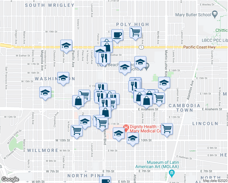 map of restaurants, bars, coffee shops, grocery stores, and more near 1447 Elm Avenue in Long Beach