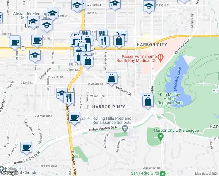 map of restaurants, bars, coffee shops, grocery stores, and more near 26214 President Avenue in Los Angeles
