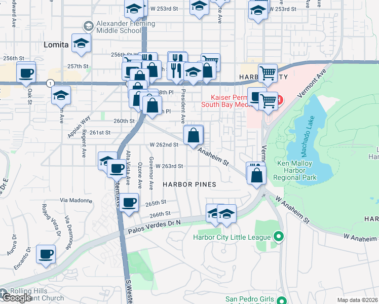 map of restaurants, bars, coffee shops, grocery stores, and more near 26214 President Avenue in Los Angeles