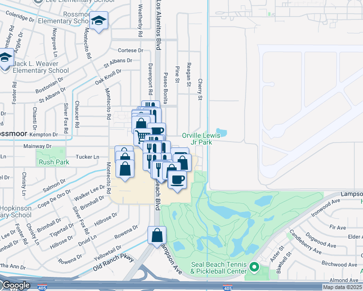 map of restaurants, bars, coffee shops, grocery stores, and more near 12278 Bridgewater Way in Seal Beach
