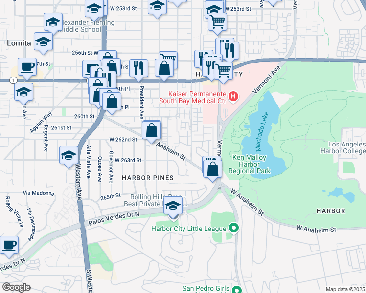 map of restaurants, bars, coffee shops, grocery stores, and more near 26135 Frampton Avenue in Los Angeles