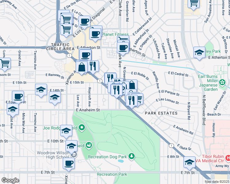 map of restaurants, bars, coffee shops, grocery stores, and more near 5025 Pacific Coast Highway in Long Beach