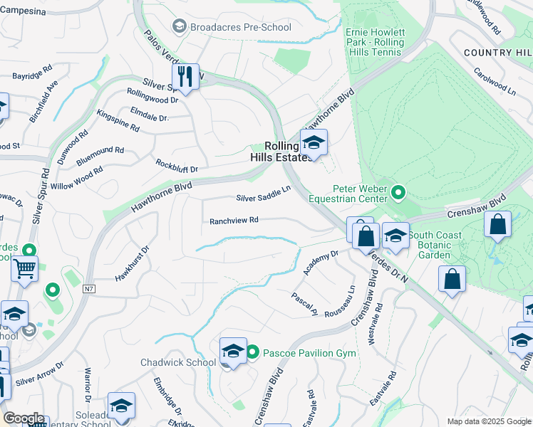 map of restaurants, bars, coffee shops, grocery stores, and more near 37 Ranchview Road in Rolling Hills Estates