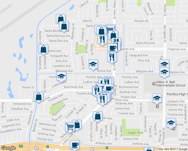 map of restaurants, bars, coffee shops, grocery stores, and more near 5791 Huntley Avenue in Garden Grove