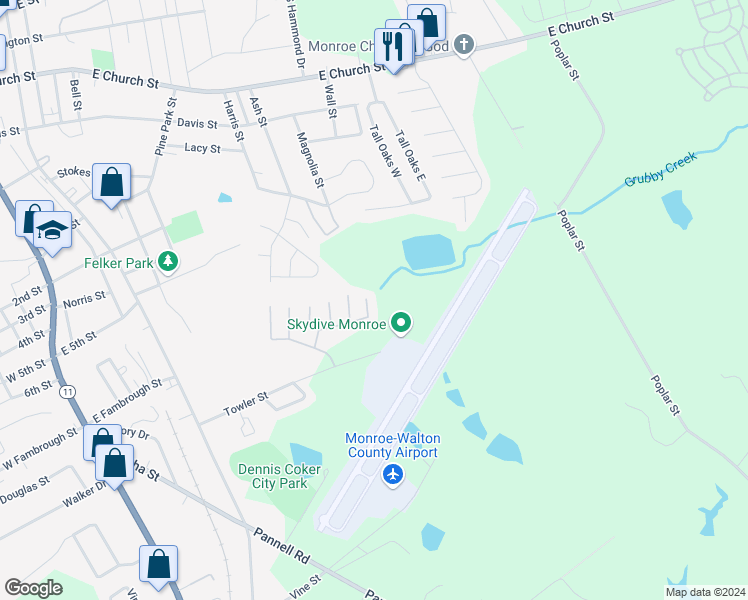 map of restaurants, bars, coffee shops, grocery stores, and more near 1043 Wheel House Lane in Monroe