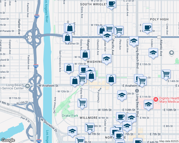 map of restaurants, bars, coffee shops, grocery stores, and more near 464 West Cowles Street in Long Beach