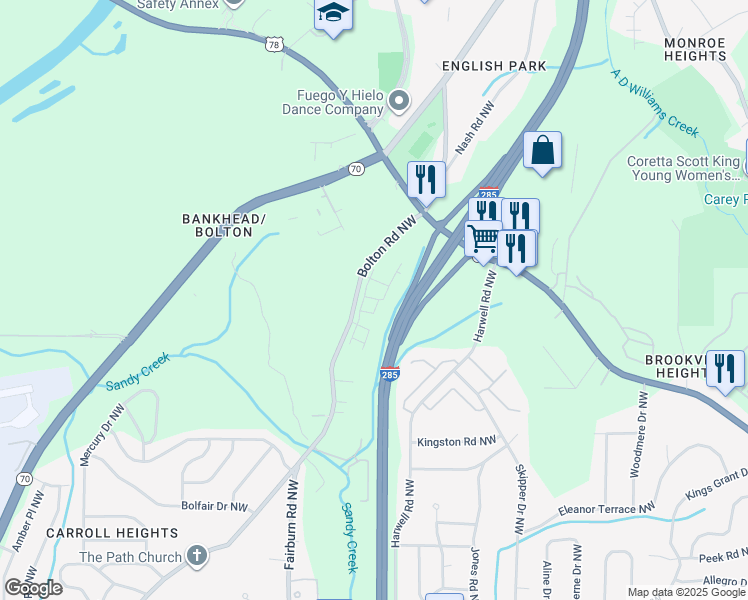 map of restaurants, bars, coffee shops, grocery stores, and more near 1051 Bolton Road Northwest in Atlanta