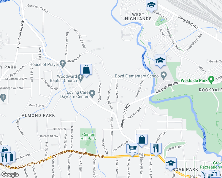 map of restaurants, bars, coffee shops, grocery stores, and more near 1105 Gun Club Road Northwest in Atlanta
