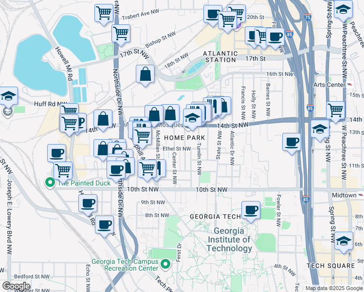 map of restaurants, bars, coffee shops, grocery stores, and more near 454 Ethel Street Northwest in Atlanta