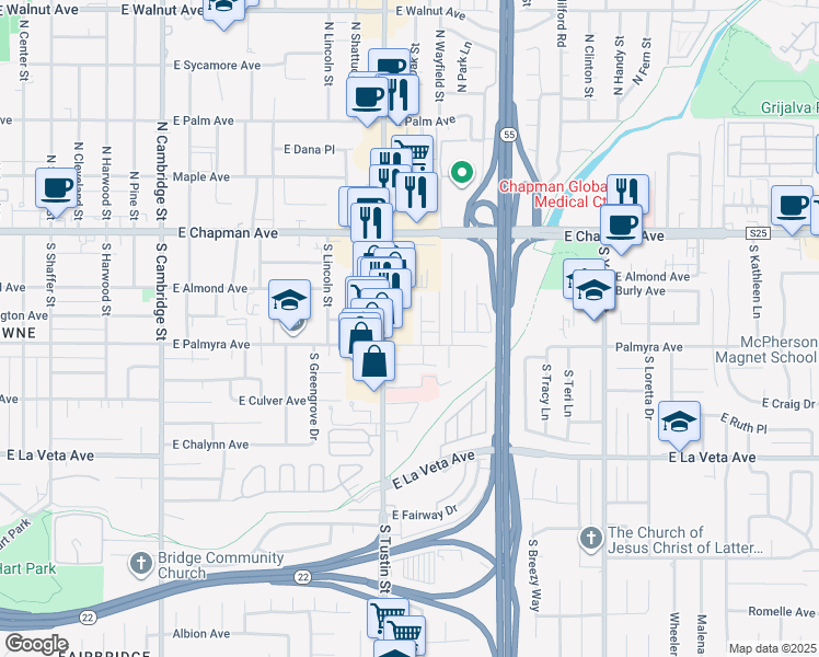 map of restaurants, bars, coffee shops, grocery stores, and more near 285 South Oak Street in Orange