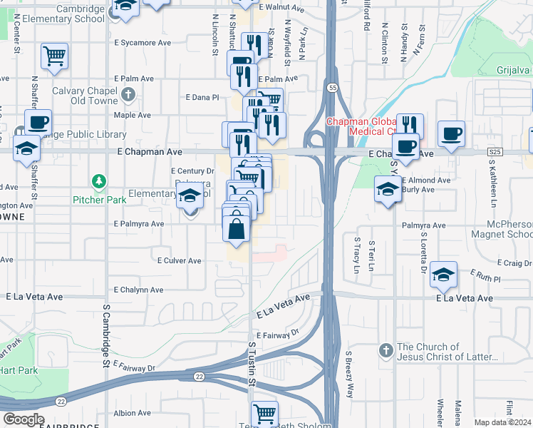 map of restaurants, bars, coffee shops, grocery stores, and more near 291 South Tustin Street in Orange