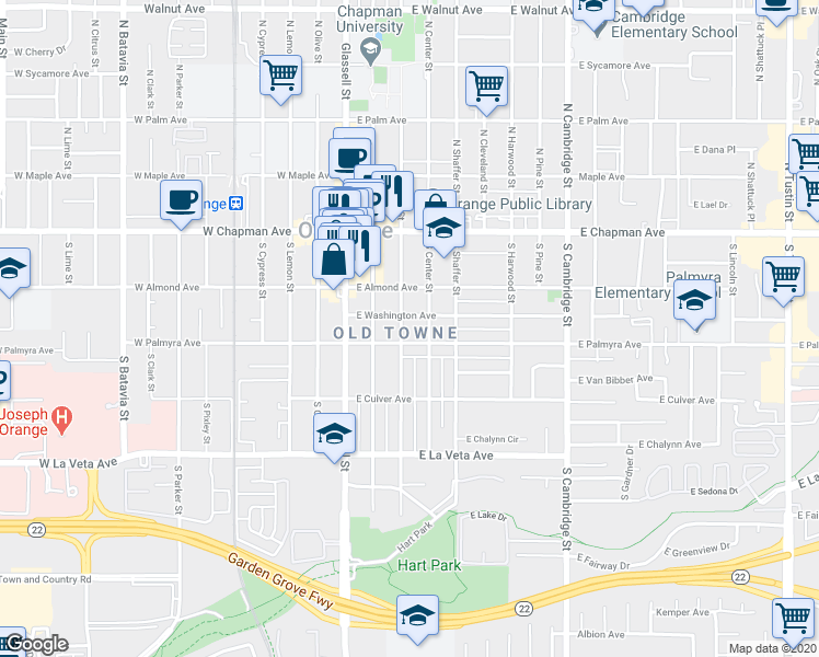 map of restaurants, bars, coffee shops, grocery stores, and more near in Orange