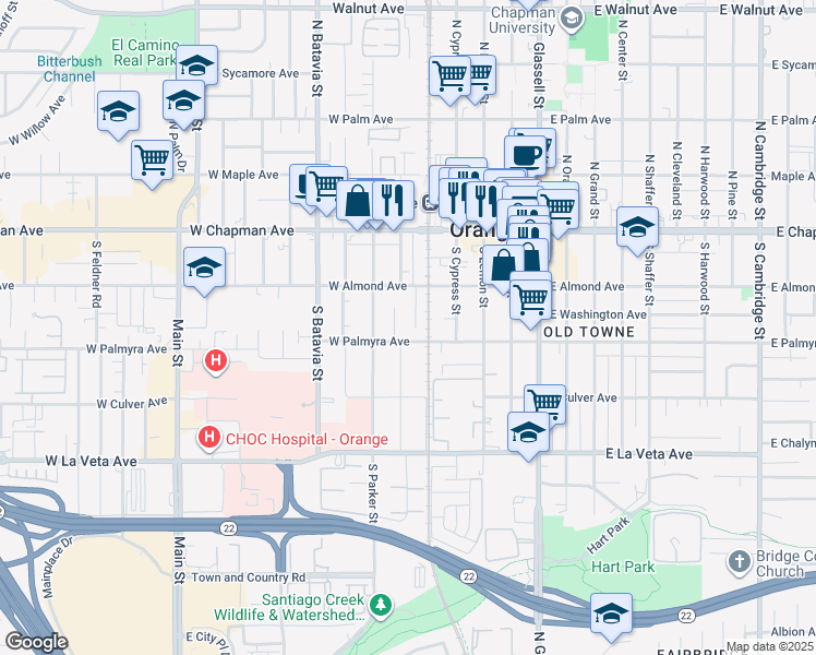 map of restaurants, bars, coffee shops, grocery stores, and more near 285 South Foley Place in Orange