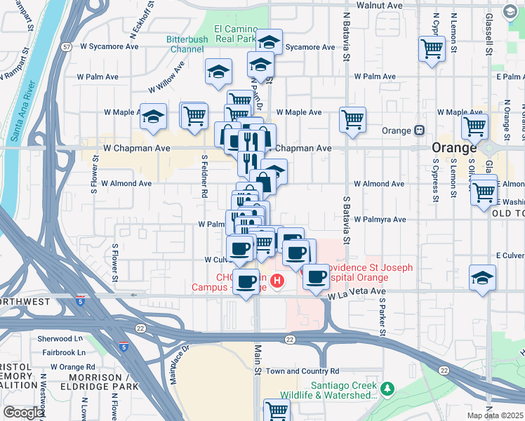 map of restaurants, bars, coffee shops, grocery stores, and more near 279 South Main Street in Orange