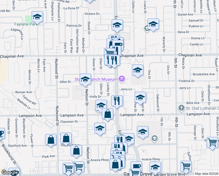 map of restaurants, bars, coffee shops, grocery stores, and more near 12262 Lesley Street in Garden Grove