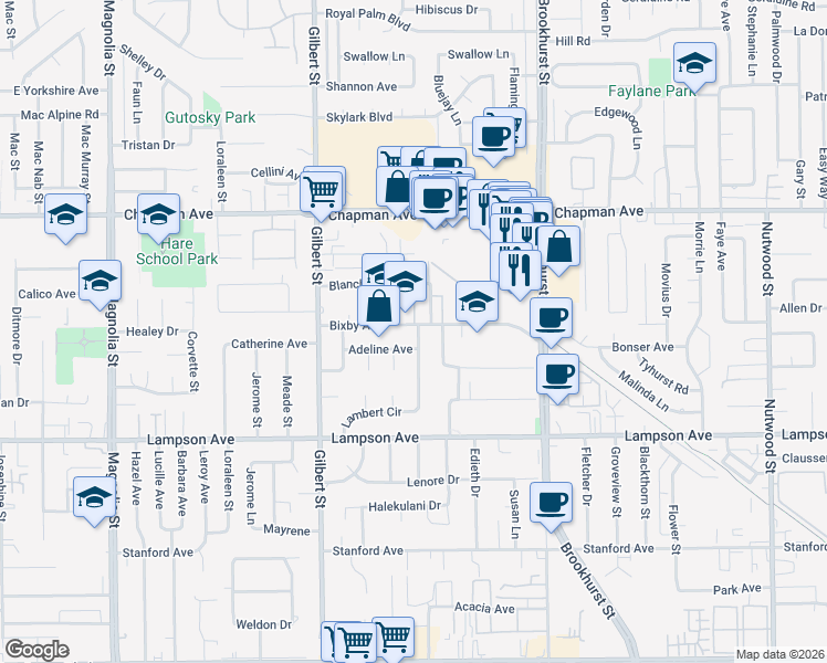 map of restaurants, bars, coffee shops, grocery stores, and more near 12261 Hester Place in Garden Grove