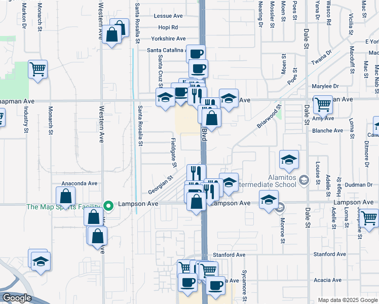 map of restaurants, bars, coffee shops, grocery stores, and more near 12242 Georgian Street in Garden Grove