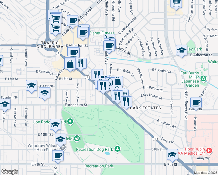 map of restaurants, bars, coffee shops, grocery stores, and more near in Long Beach
