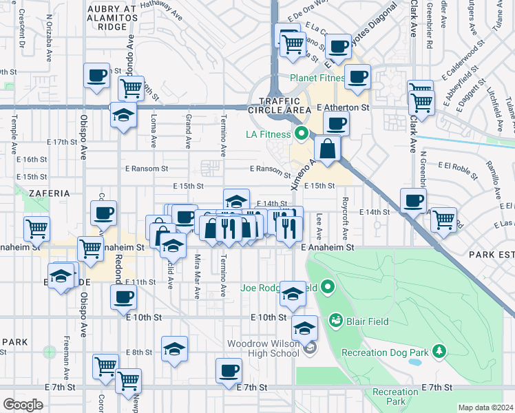 map of restaurants, bars, coffee shops, grocery stores, and more near 1389 Belmont Avenue in Long Beach