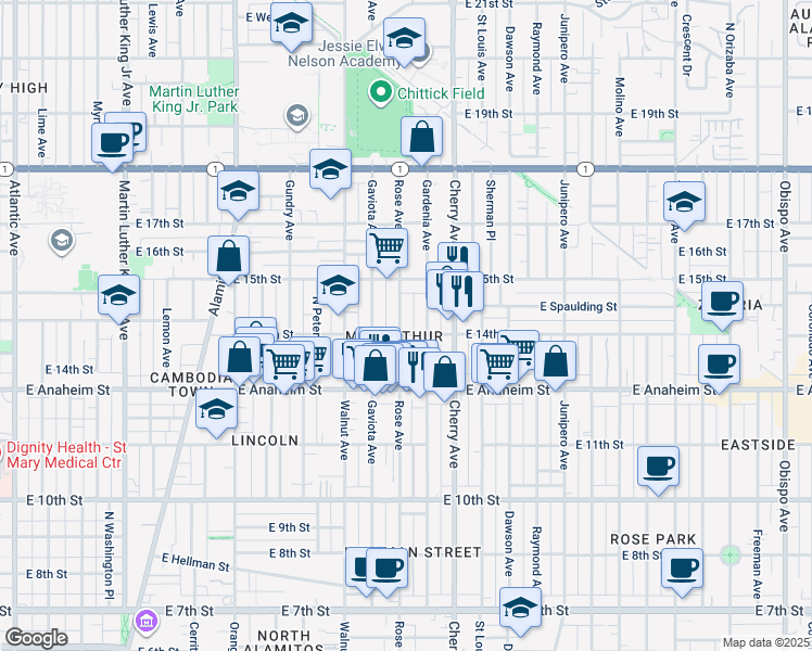 map of restaurants, bars, coffee shops, grocery stores, and more near 1401 Rose Avenue in Long Beach
