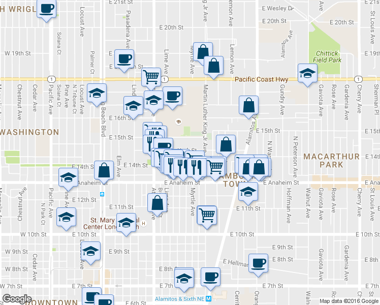 map of restaurants, bars, coffee shops, grocery stores, and more near 1451 Myrtle Avenue in Long Beach