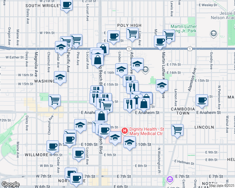 map of restaurants, bars, coffee shops, grocery stores, and more near 1434 Linden Avenue in Long Beach